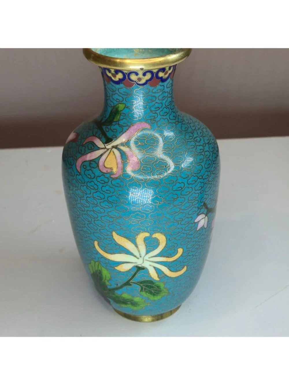 Vintage Cloisonné Vase Pink & White Chrysanthemums Gold Accents Floral Enamel